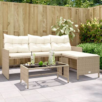 L-Shaped Garden Sofa with Table and Cushions in Poly Rattan