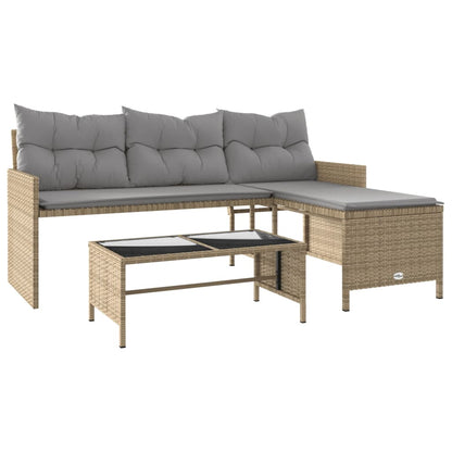 L-Shaped Garden Sofa with Table and Cushions in Poly Rattan