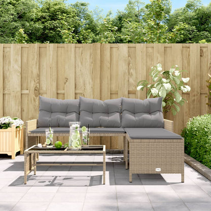 L-Shaped Garden Sofa with Table and Cushions in Poly Rattan