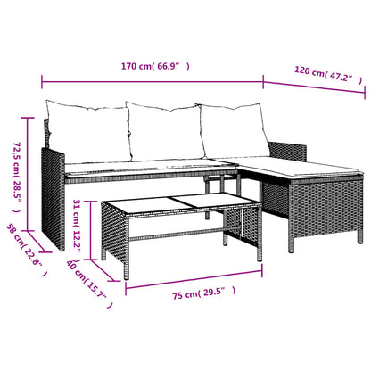 L-Shaped Garden Sofa with Table and Cushions in Poly Rattan