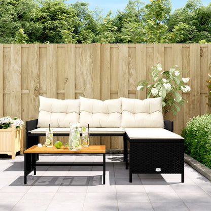 L-Shaped Garden Sofa with Table and Cushions in Poly Rattan
