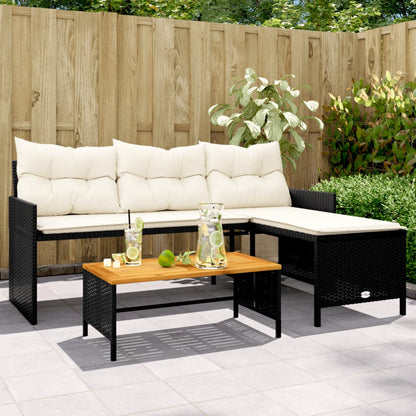 L-Shaped Garden Sofa with Table and Cushions in Poly Rattan