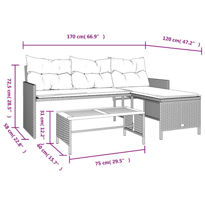 L-Shaped Garden Sofa with Table and Cushions in Poly Rattan