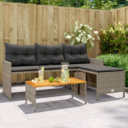 L-Shaped Garden Sofa with Table and Cushions in Poly Rattan