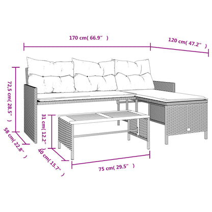 L-Shaped Garden Sofa with Table and Cushions in Poly Rattan
