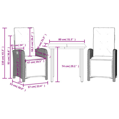 Rattan Bistro Set with Cushions - 3 Piece
