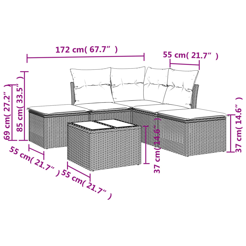 6 Piece Rattan Corner Sofa Set with Cushions