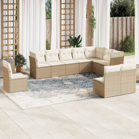 10 Piece Garden Sofa Set with Cushions in Poly Rattan and Acacia Wood
