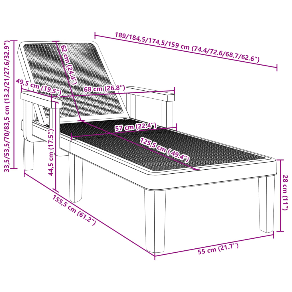 4-Way Height Adjustable Sun Lounger in Polypropylene