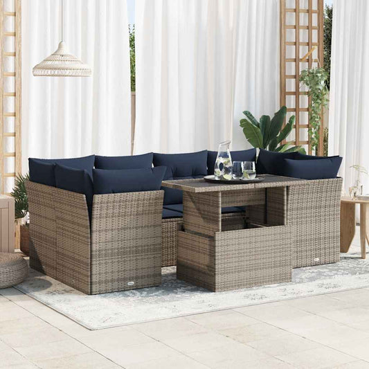 7 Piece C-Shaped Rattan Sofa Set with Cushions and Table