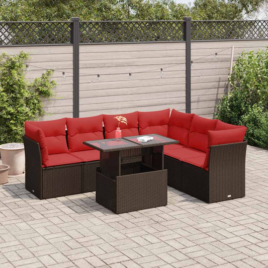 7 Piece L-Shaped Rattan Sofa Set with Cushions and Table