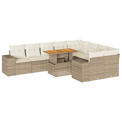 10 Piece Garden Sofa Set with Cushions in Poly Rattan and Acacia Wood
