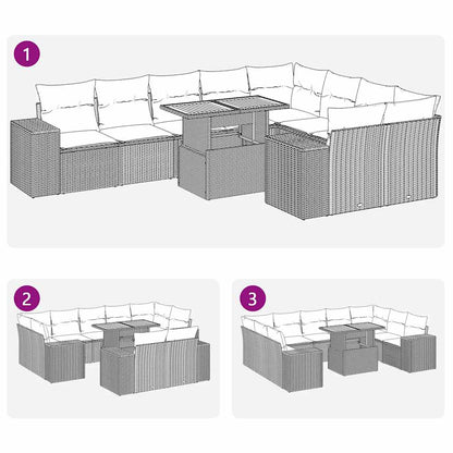10 Piece Garden Sofa Set with Cushions in Poly Rattan and Acacia Wood