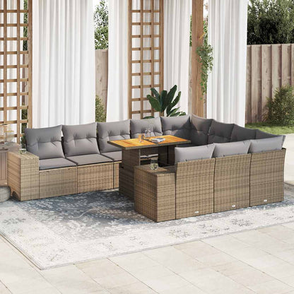 10 Piece Garden Sofa Set with Cushions in Poly Rattan and Acacia Wood