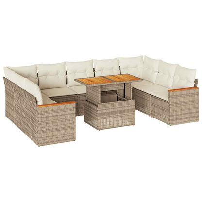 10 Piece Garden Sofa Set with Cushions in Poly Rattan and Acacia Wood