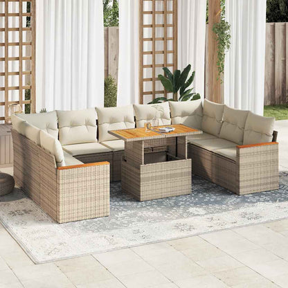 10 Piece Garden Sofa Set with Cushions in Poly Rattan and Acacia Wood