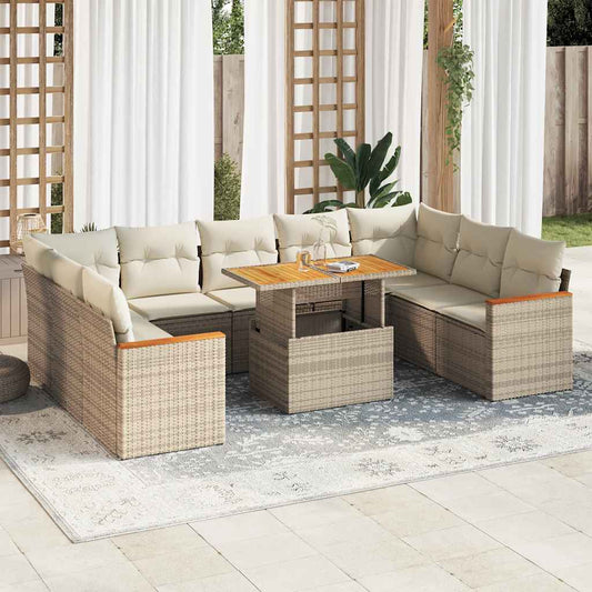 10 Piece Garden Sofa Set with Cushions in Poly Rattan and Acacia Wood
