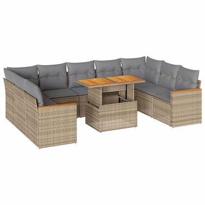 10 Piece Garden Sofa Set with Cushions in Poly Rattan and Acacia Wood