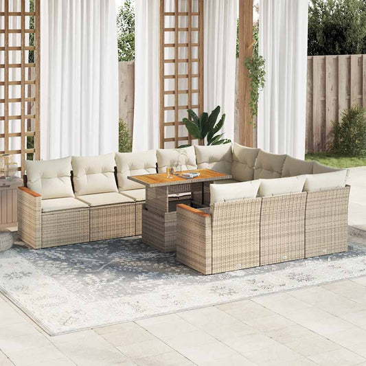 11 Piece Rattan and Acacia Wood Garden Sofa Set with Cushions