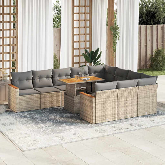 11 Piece Rattan and Acacia Wood Garden Sofa Set with Cushions